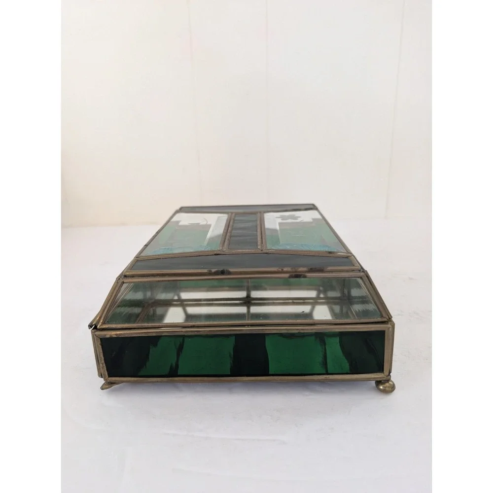 Jewelry Box Etched Floral Stained Glass Green Clear Vintage Glass Trinket FLAW - Picture 4 of 16